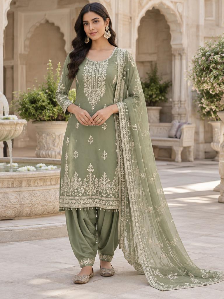Fine embroidery on a sage Punjabi suit